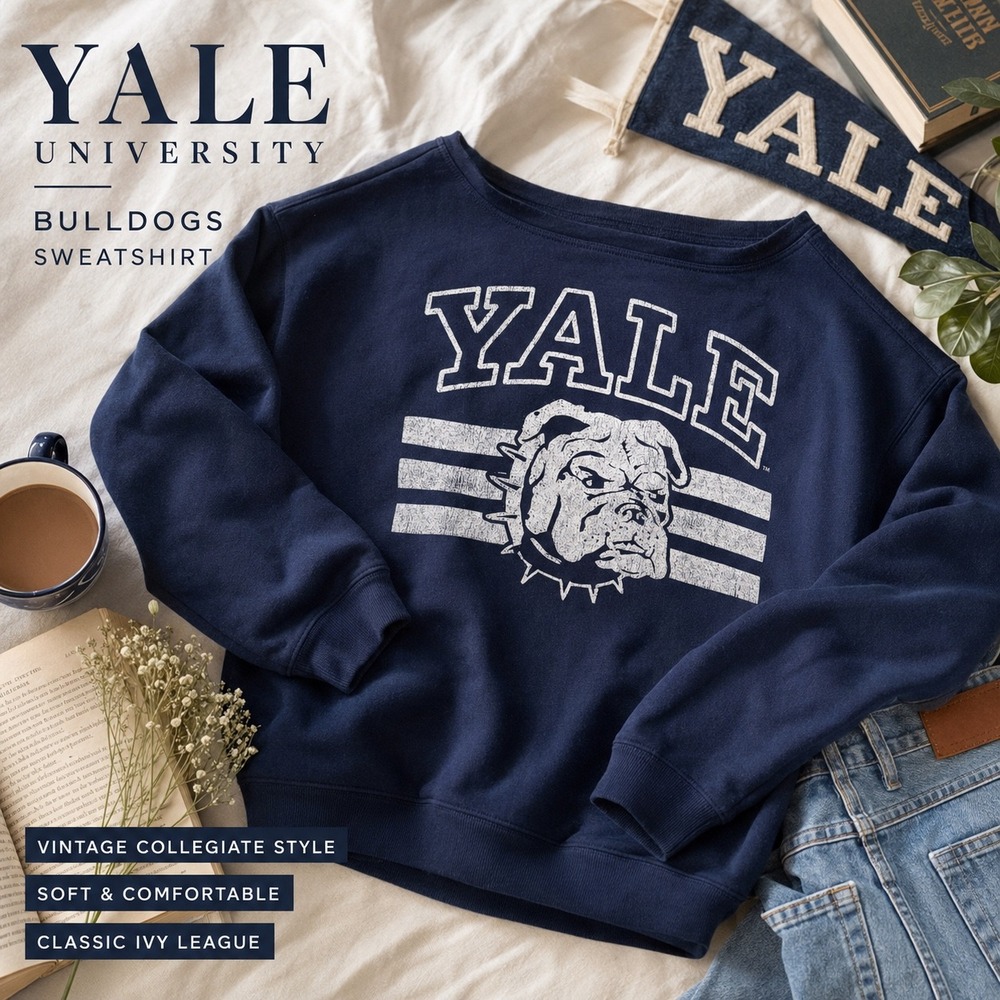 Yale University Bulldogs Navy Graphic Sweatshirt Boat Neck Pullover Medium